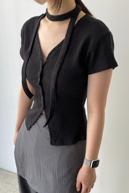 V-Neck Button Down Shirt & Scarf Set