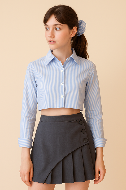 Cropped Stripe Collared Shirt Scrunchie Set
